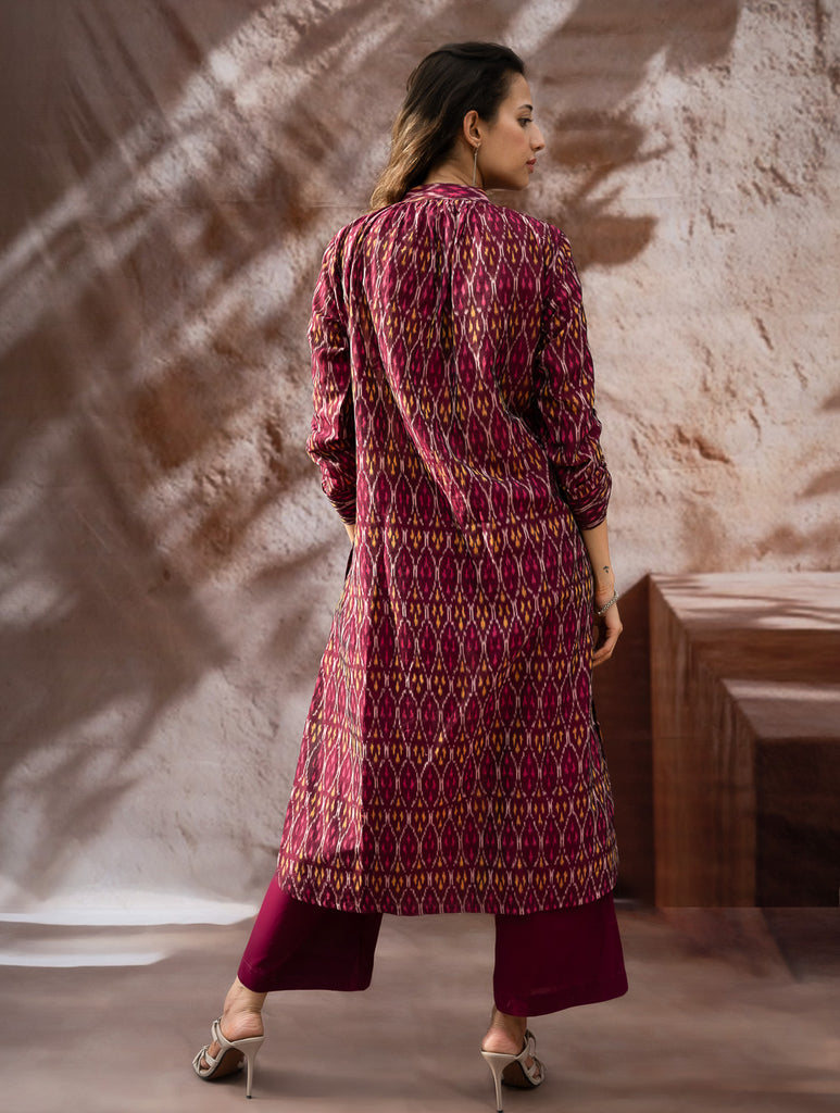 The Work Edit. Light & Soft. Ikat Handwoven Long Shirt - Ruby Stripes 