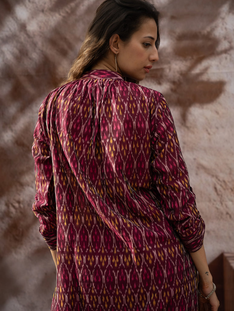 The Work Edit. Light & Soft. Ikat Handwoven Long Shirt - Ruby Stripes 