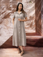 Load image into Gallery viewer, The Work Edit. Organic Handwoven Kala Cotton Shirt Dress - Brown Stripes