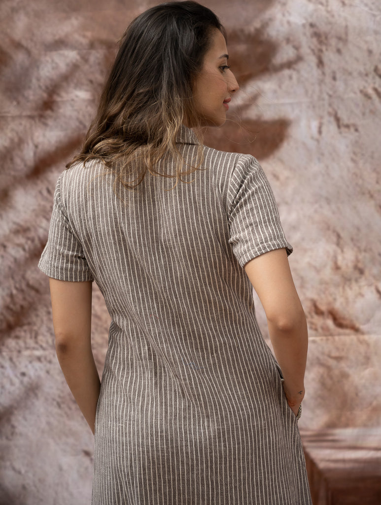 The Work Edit. Organic Handwoven Kala Cotton Shirt Dress - Brown Stripes