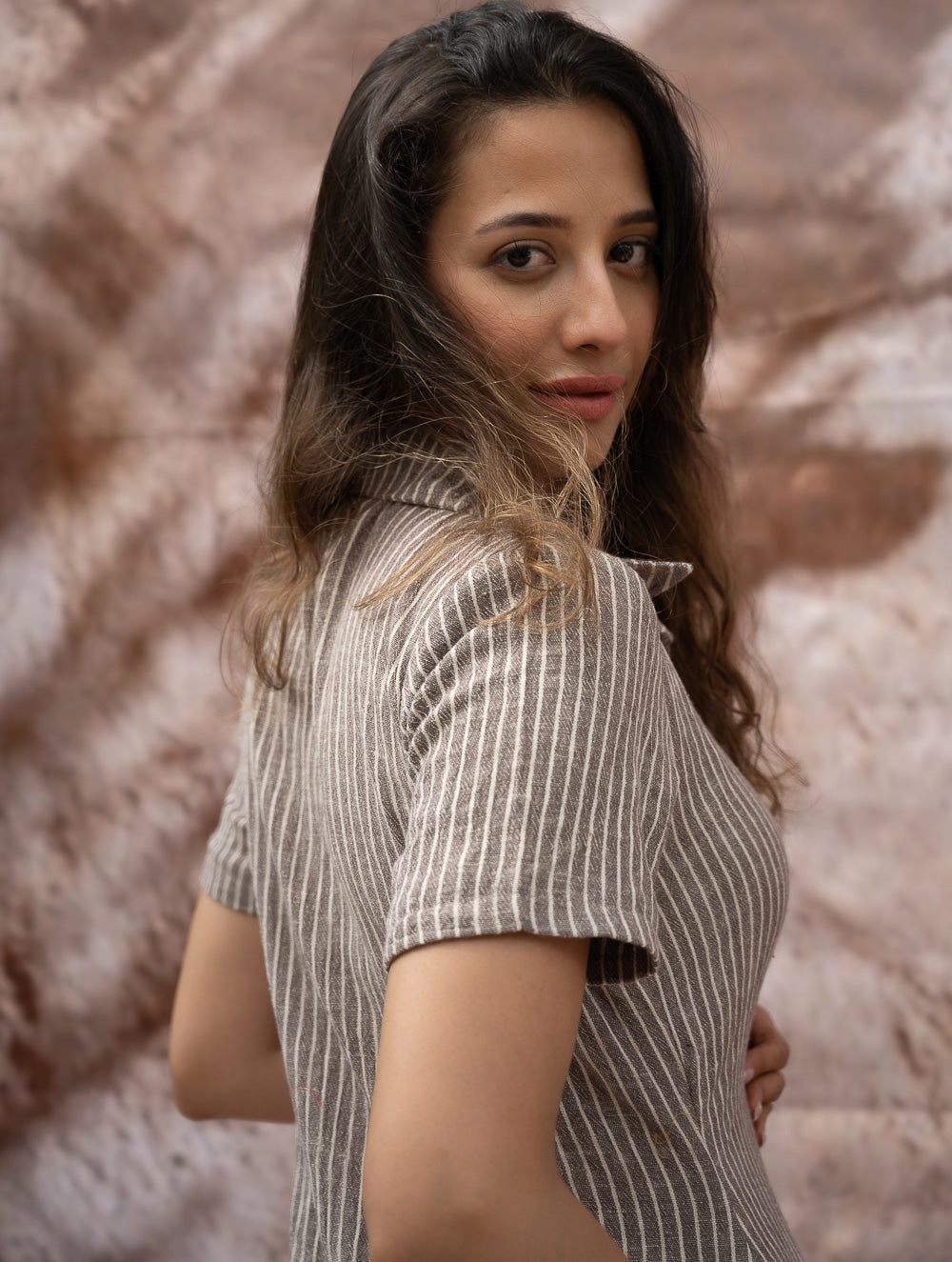 The Work Edit. Organic Handwoven Kala Cotton Shirt Dress - Brown Stripes