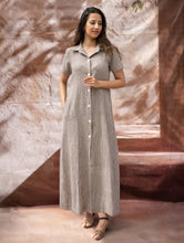 Load image into Gallery viewer, The Work Edit. Organic Handwoven Kala Cotton Shirt Dress - Brown Stripes