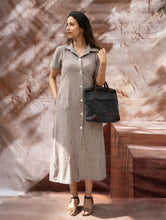 Load image into Gallery viewer, The Work Edit. Organic Handwoven Kala Cotton Shirt Dress - Brown Stripes