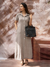 Load image into Gallery viewer, The Work Edit. Organic Handwoven Kala Cotton Shirt Dress - Brown Stripes