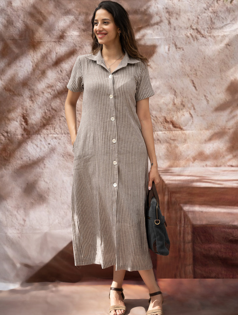 The Work Edit. Organic Handwoven Kala Cotton Shirt Dress - Brown Stripes