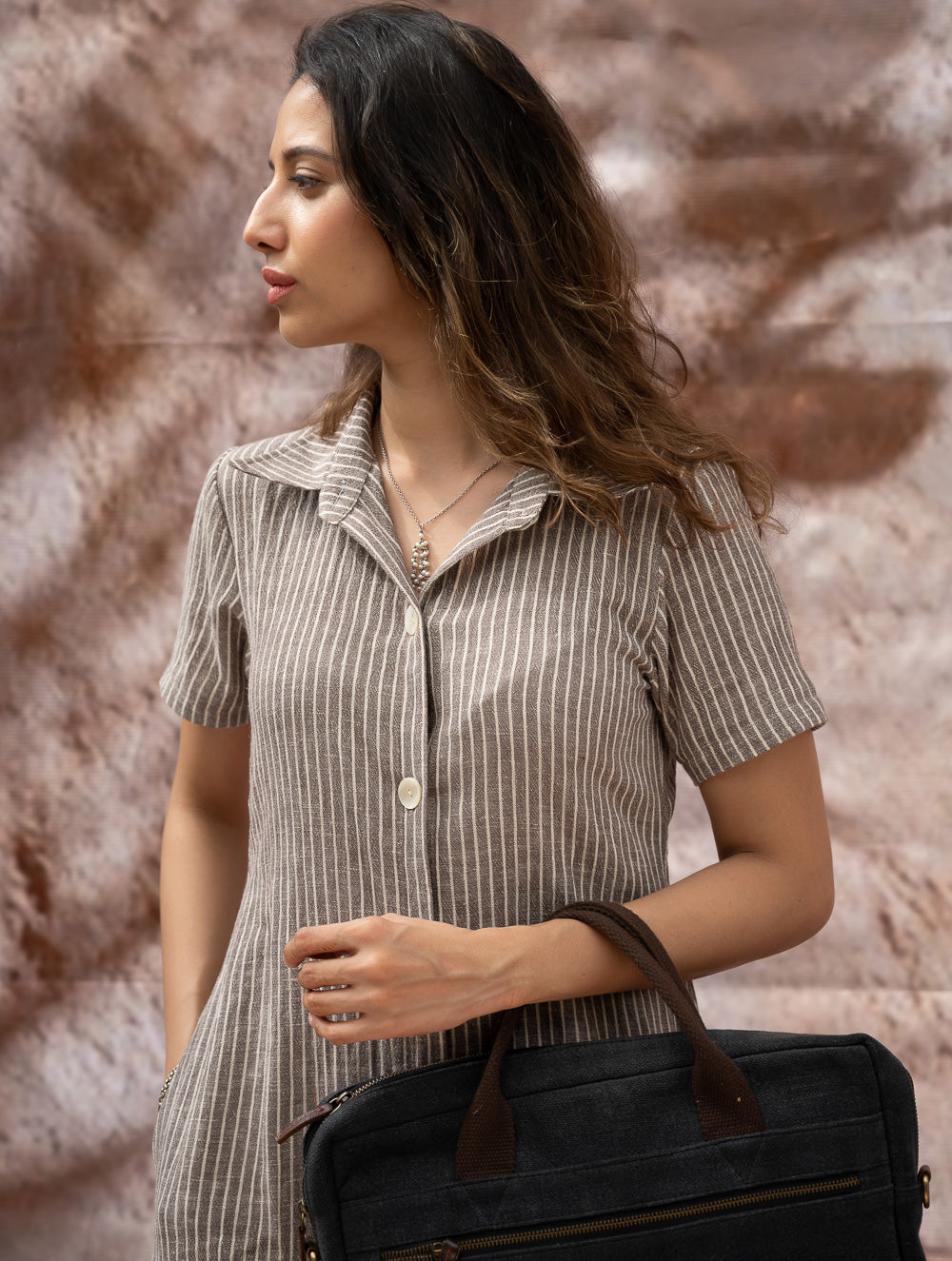 Load image into Gallery viewer, The Work Edit. Organic Handwoven Kala Cotton Shirt Dress - Brown Stripes