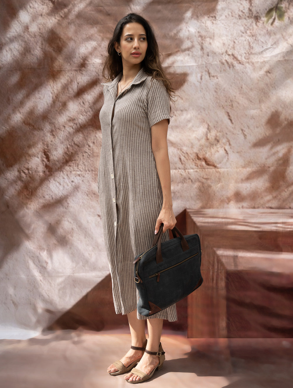 Load image into Gallery viewer, The Work Edit. Organic Handwoven Kala Cotton Shirt Dress - Brown Stripes