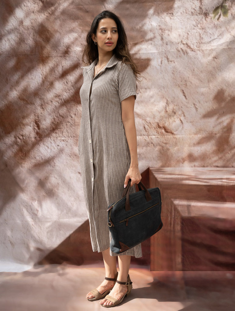 The Work Edit. Organic Handwoven Kala Cotton Shirt Dress - Brown Stripes