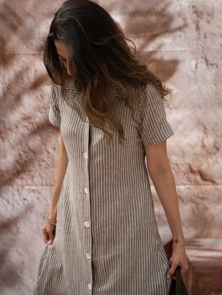 The Work Edit. Organic Handwoven Kala Cotton Shirt Dress - Brown Stripes