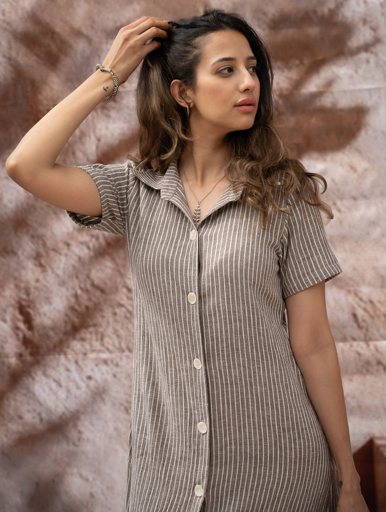 The Work Edit. Organic Handwoven Kala Cotton Shirt Dress - Brown Stripes