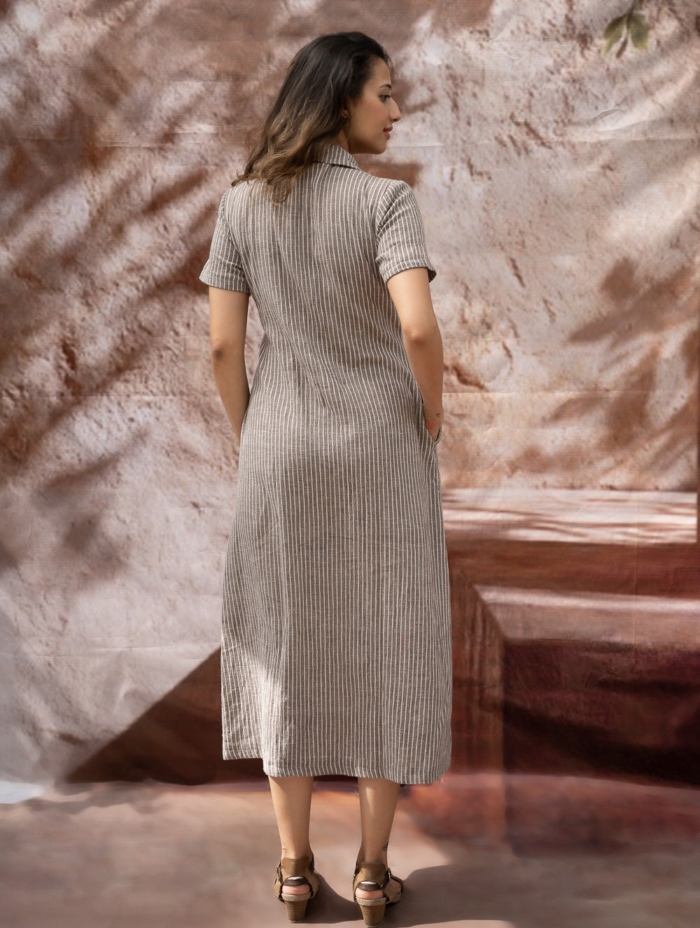 The Work Edit. Organic Handwoven Kala Cotton Shirt Dress - Brown Stripes