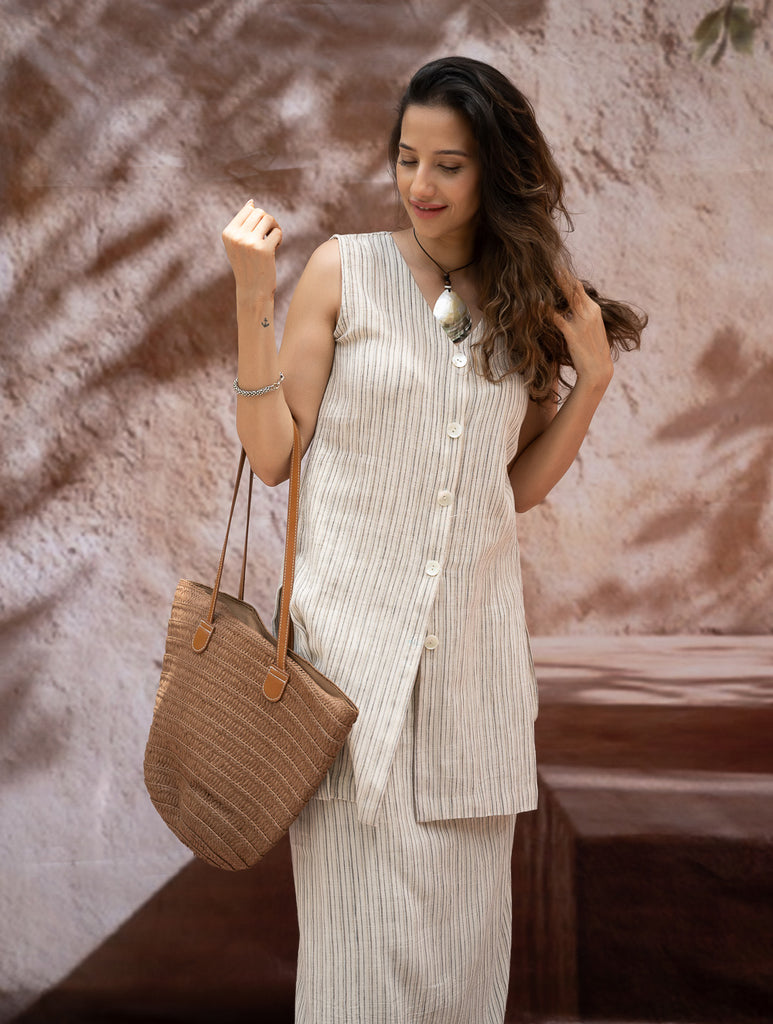 The Work Edit. Organic Handwoven Kala Cotton Wrap Set - Beige Stripes (Set of Two)