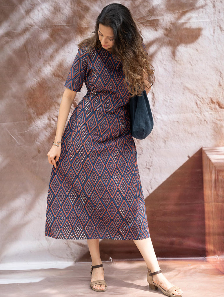 The Work Edit. Bagru HandBlock Printed Dress - Rhombus Trail