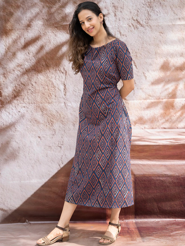 The Work Edit. Bagru HandBlock Printed Dress - Rhombus Trail