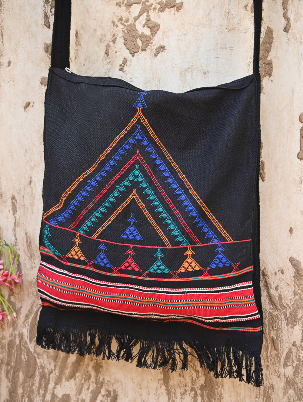 Handwoven Kashida Pattu Sling Bag - Black Hood