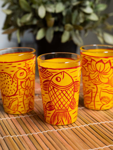 Vibrant Patua Art Handpainted Glasses - Machli Glasses (Set of 3)