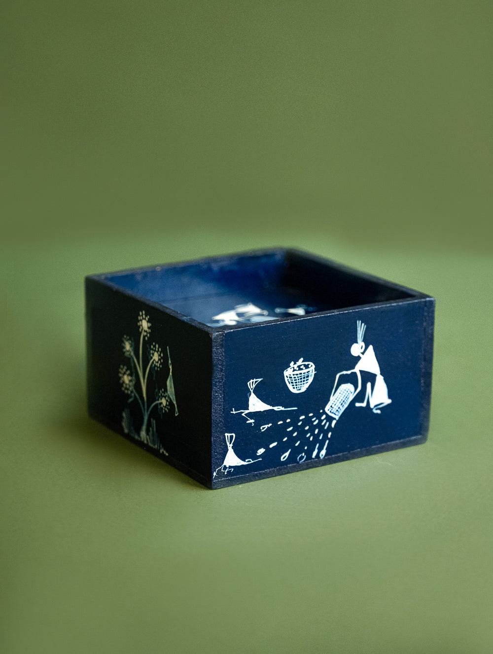 Warli Art Wooden Coaster Set with Box (Set of 6) - Deep Blue Folk Art 