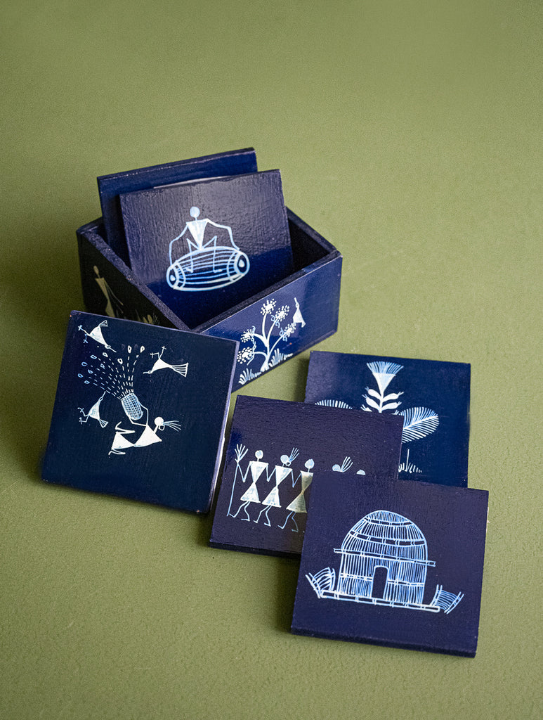 Warli Art Wooden Coaster Set with Box (Set of 6) - Deep Blue Folk Art 