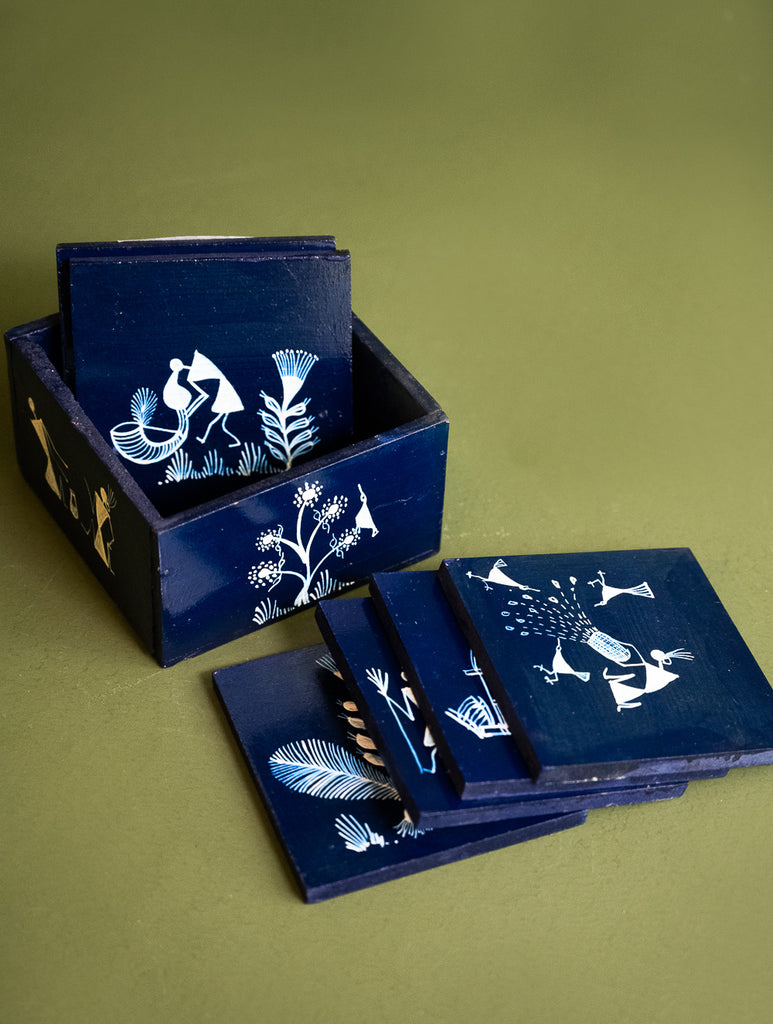 Warli Art Wooden Coaster Set with Box (Set of 6) - Deep Blue Folk Art 