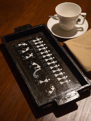 Warli Art Wooden Tray - Black & White Village