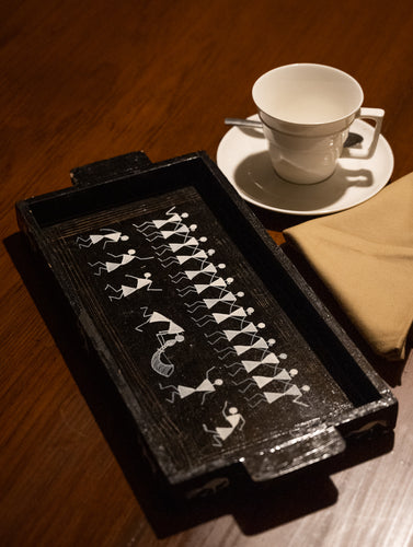 Warli Art Wooden Tray - Black & White Village