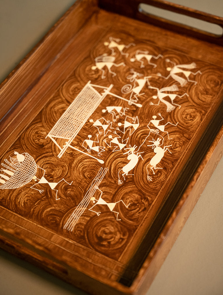 Warli Art Wooden Tray - Village Scenes
