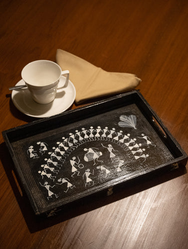 Warli Art Wooden Tray, Black