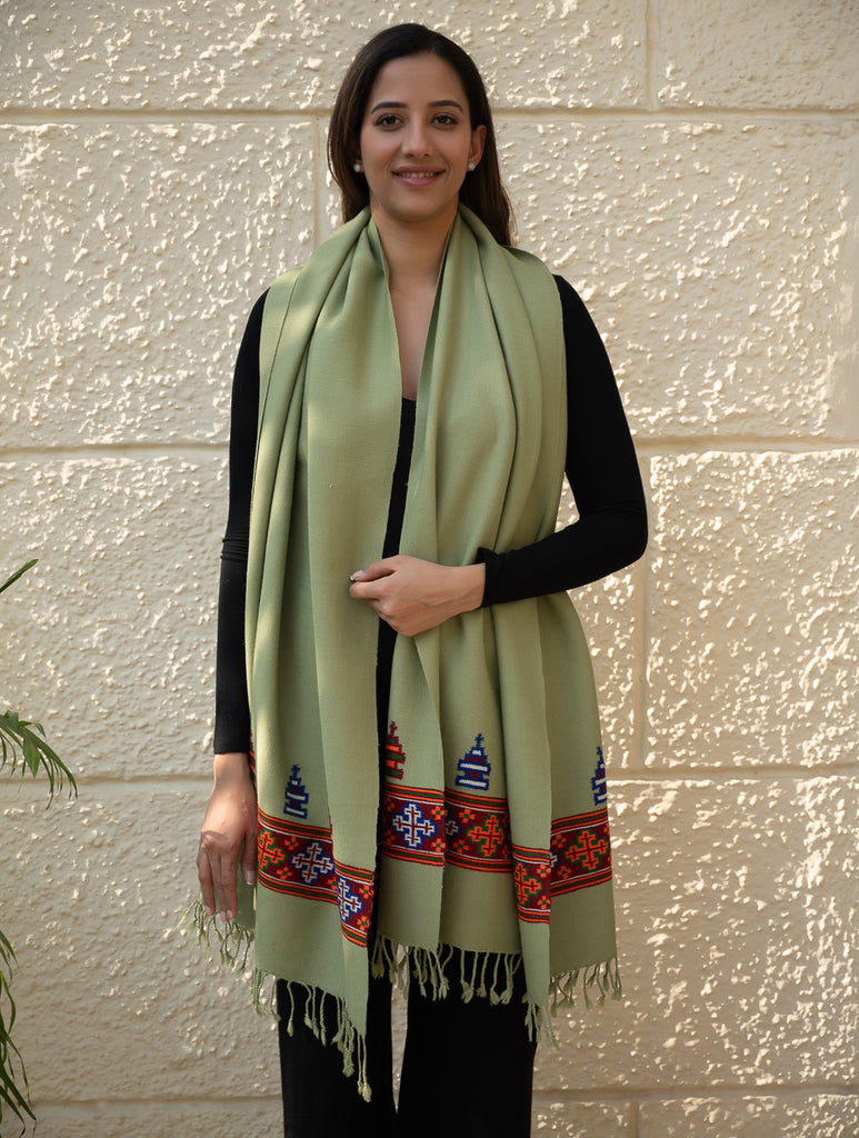 Warm & Cosy Signature Kinnauri Stole - Mist Green