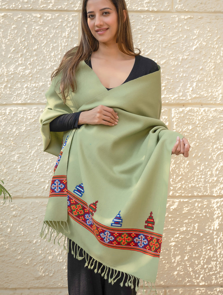 Warm & Cosy Signature Kinnauri Stole - Mist Green