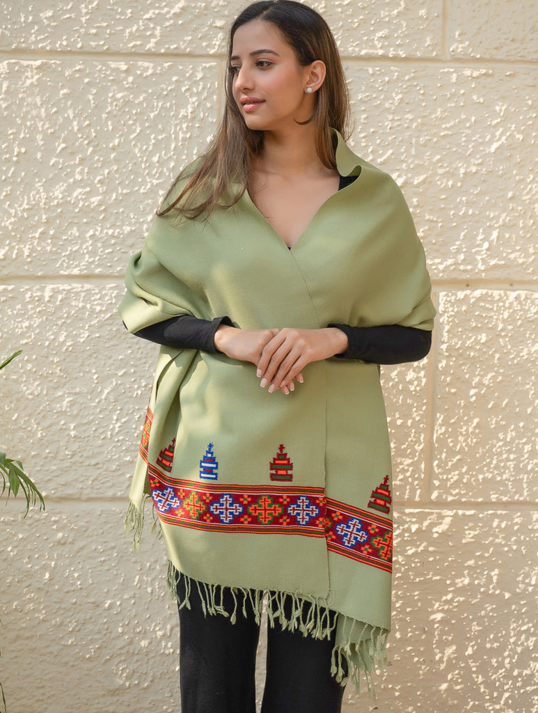 Warm & Cosy Signature Kinnauri Stole - Mist Green