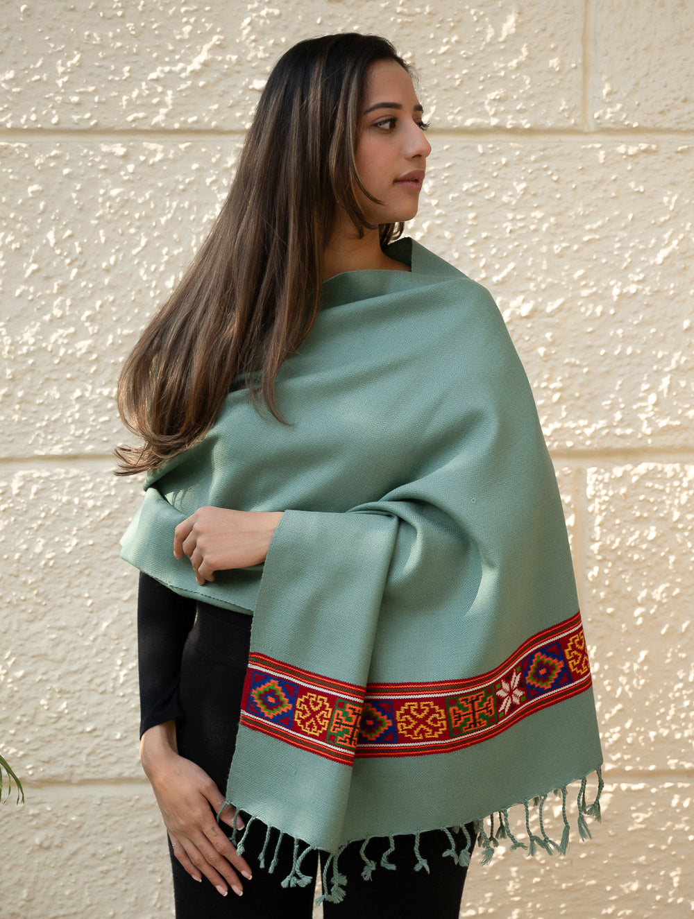 Warm & Cosy Signature Kinnauri Stole - Ocean Moss
