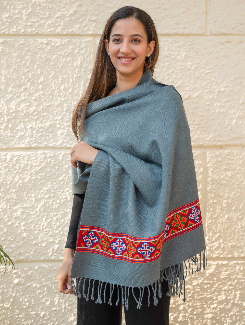Warm & Cosy Signature Kinnauri Stole - Sky Mist
