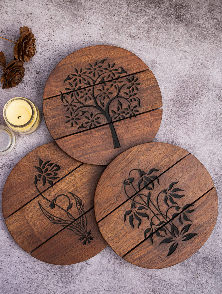 Wood Engraved Circle Coaster Set