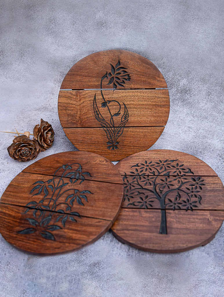 Wood Engraved Circle Coaster Set