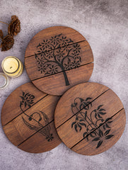 Wood Engraved Circle Coaster Set
