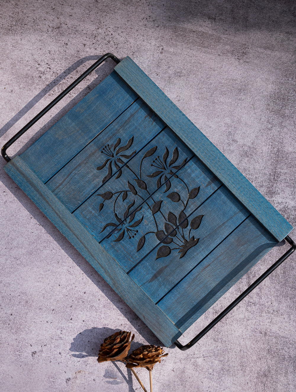 Wood Engraved Floral Tray
