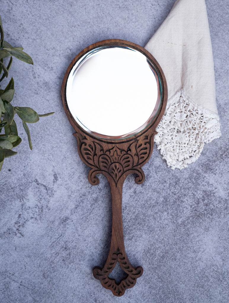 Wood Engraved Hand Mirror- Round