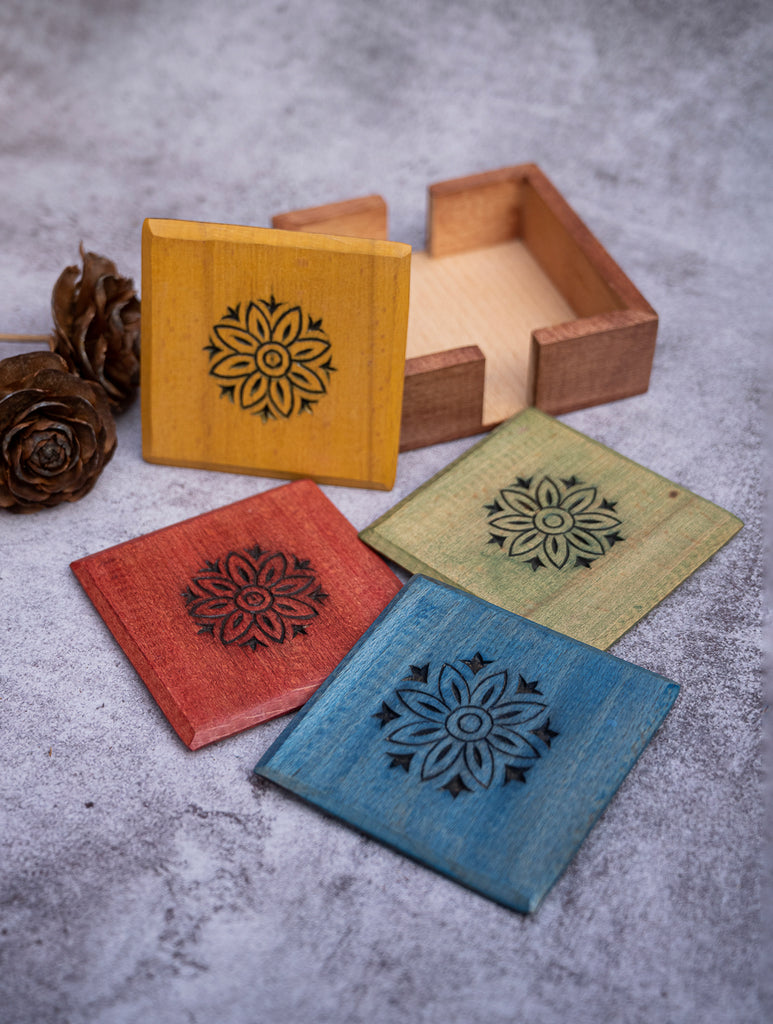 Wood Engraved Square Coaster Set