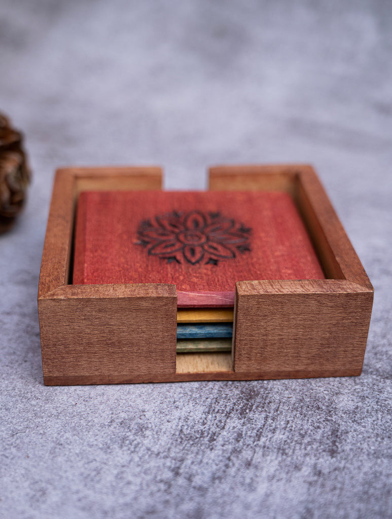 Wood Engraved Square Coaster Set