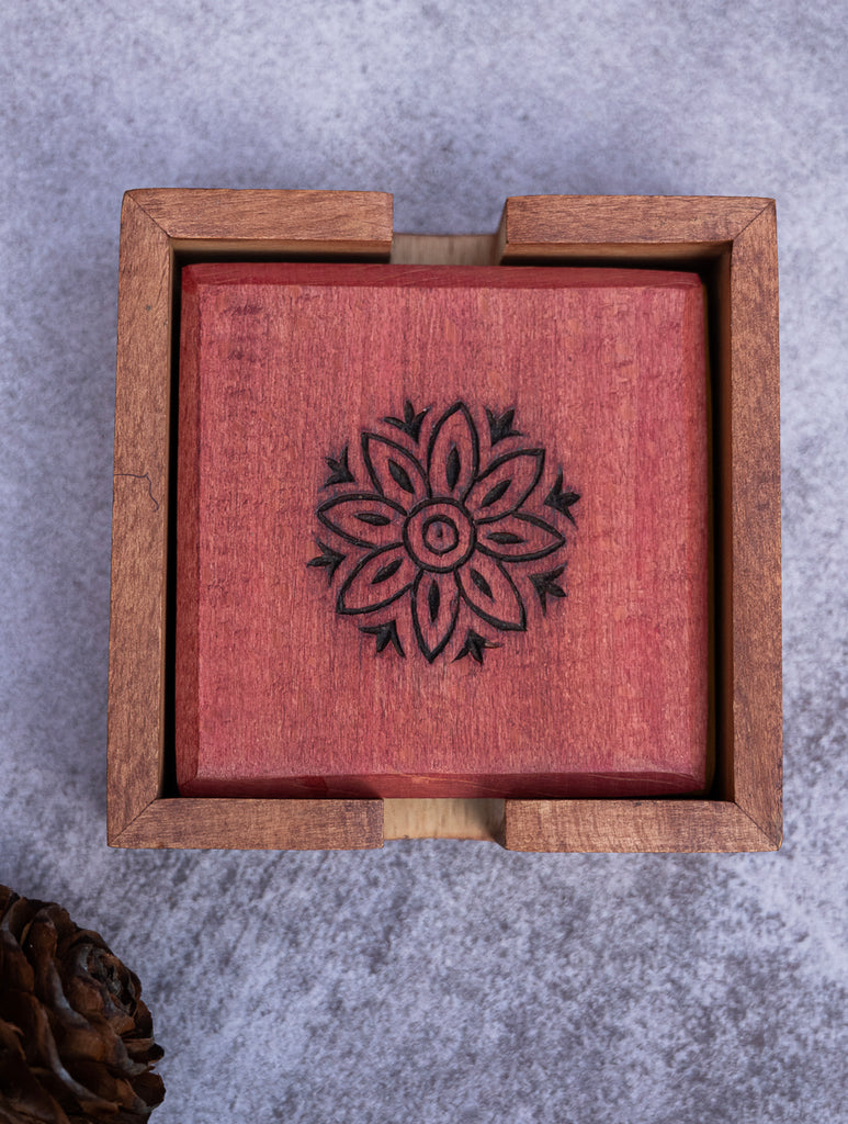 Wood Engraved Square Coaster Set