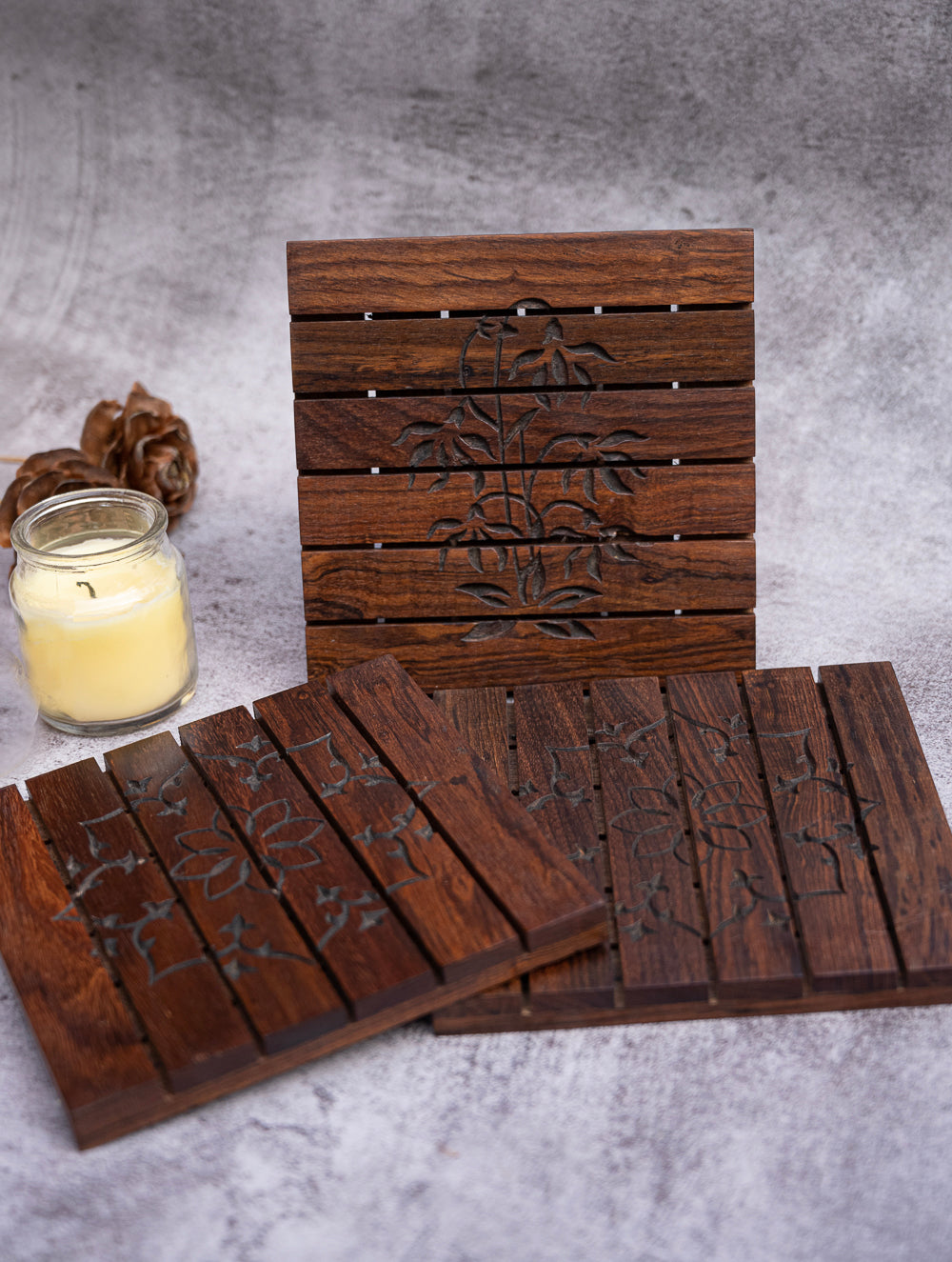 Wood Engraved Square Coaster Set