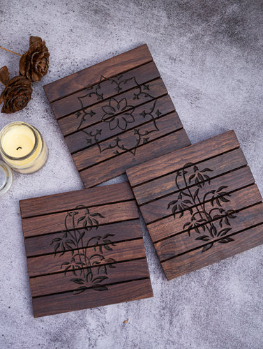 Wood Engraved Square Coaster Set