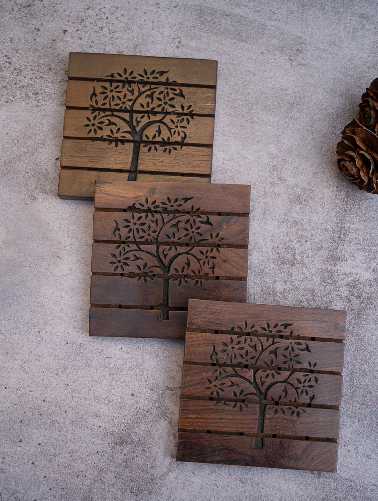 Wood Engraved Square Coaster Set