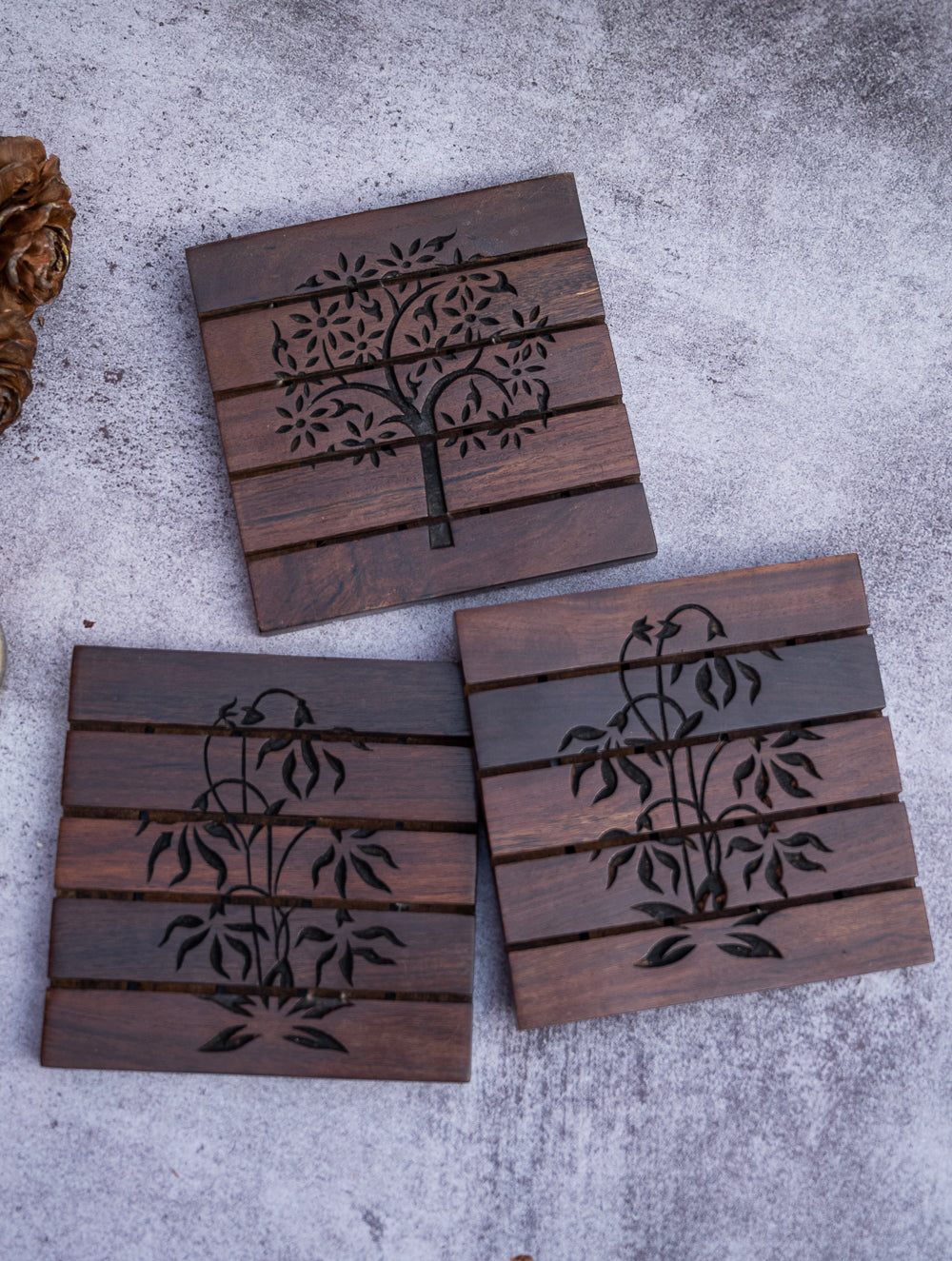 Wood Engraved Square Coaster Set
