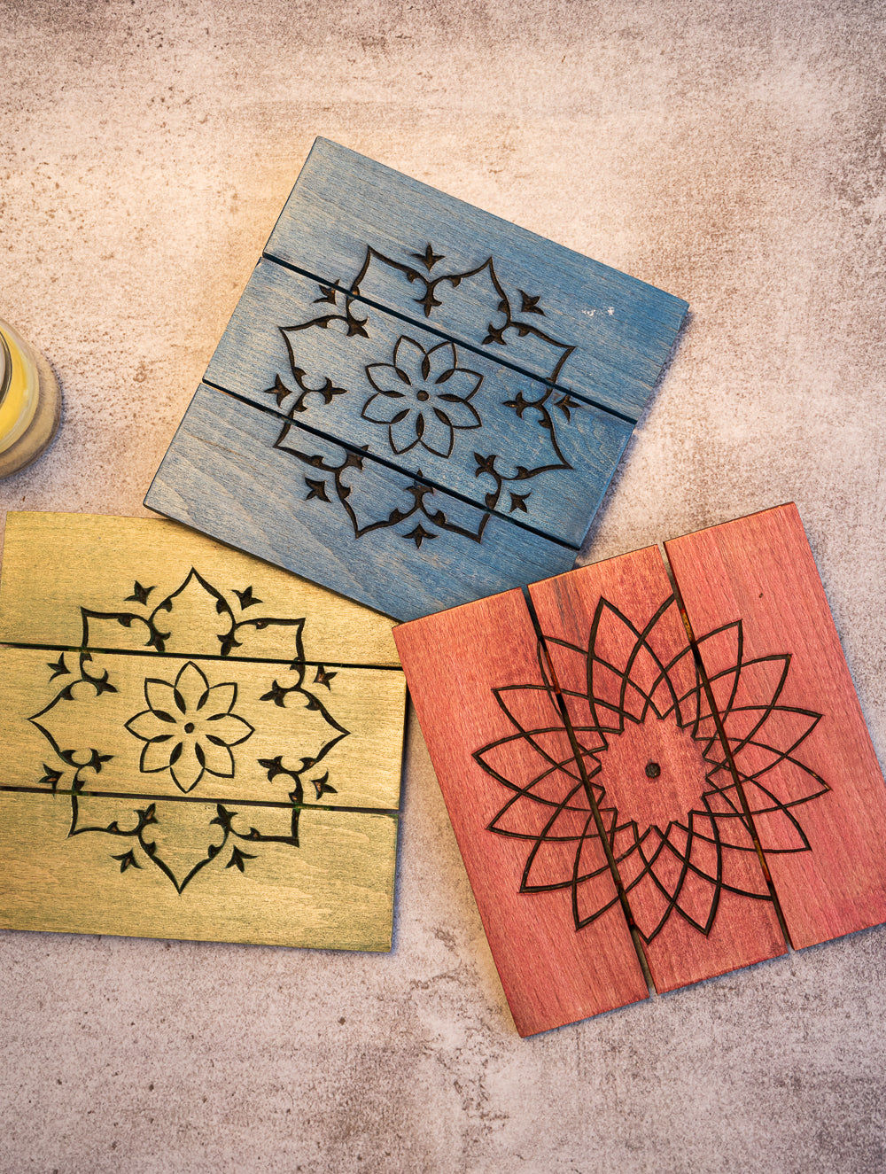 Wood Engraved Square Coaster Set