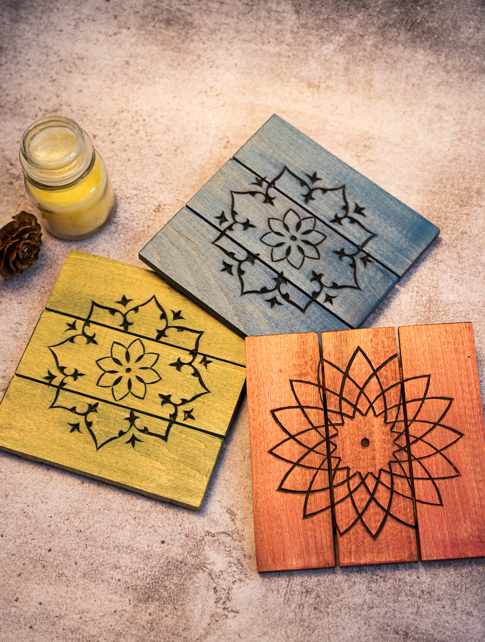 Wood Engraved Square Coaster Set