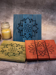Wood Engraved Square Coaster Set