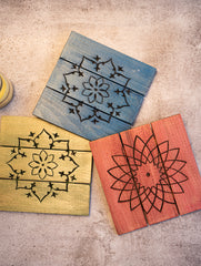 Wood Engraved Square Coaster Set