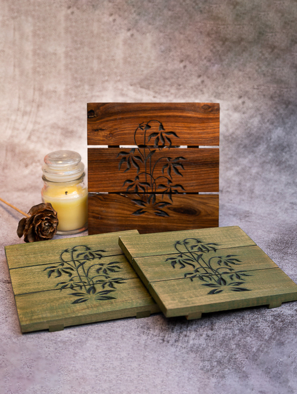 Wood Engraved Square Coaster Set