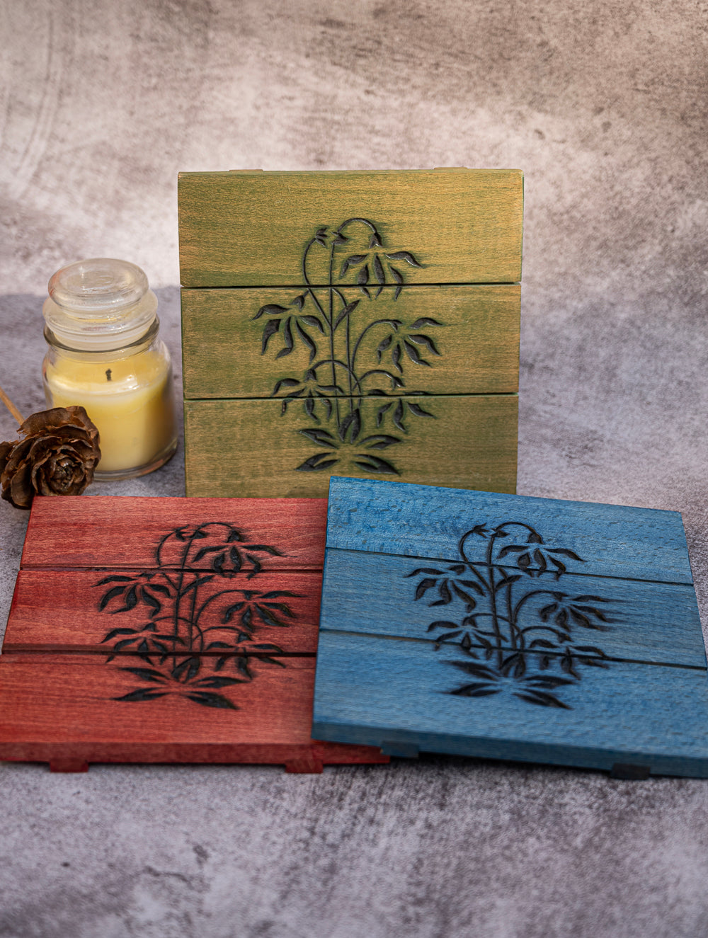 Wood Engraved Square Coaster Set